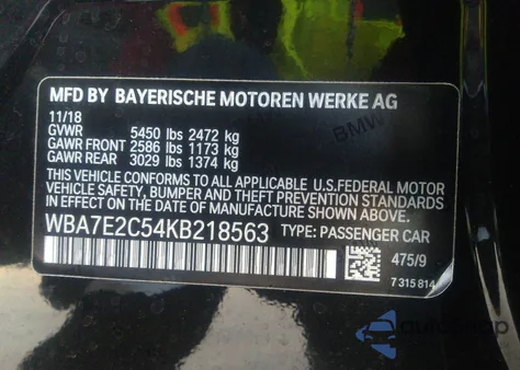 2019 BMW 740I из США, поврежденный, VIN WBA7E2C54KB218563